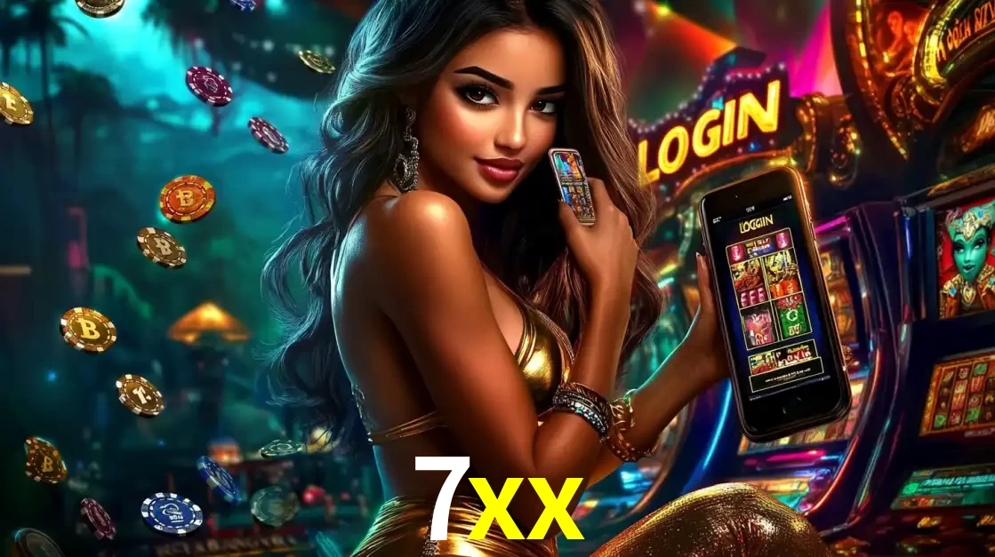 Mulher em um cenário de cassino temático de aventura, mostrando o app de caça-níqueis da 7xx no celular. Fichas de apostas flutuam ao redor.