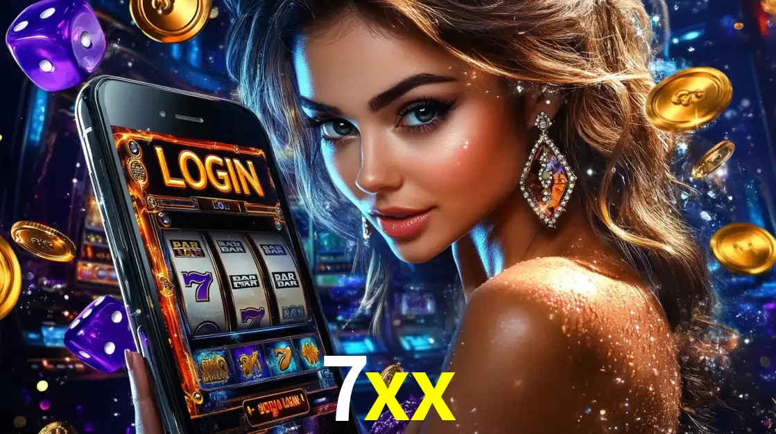 Mulher glamorosa segurando um smartphone com a tela de login para os jogos de caça-níqueis do cassino online 7xx, com moedas de ouro e dados ao redor.